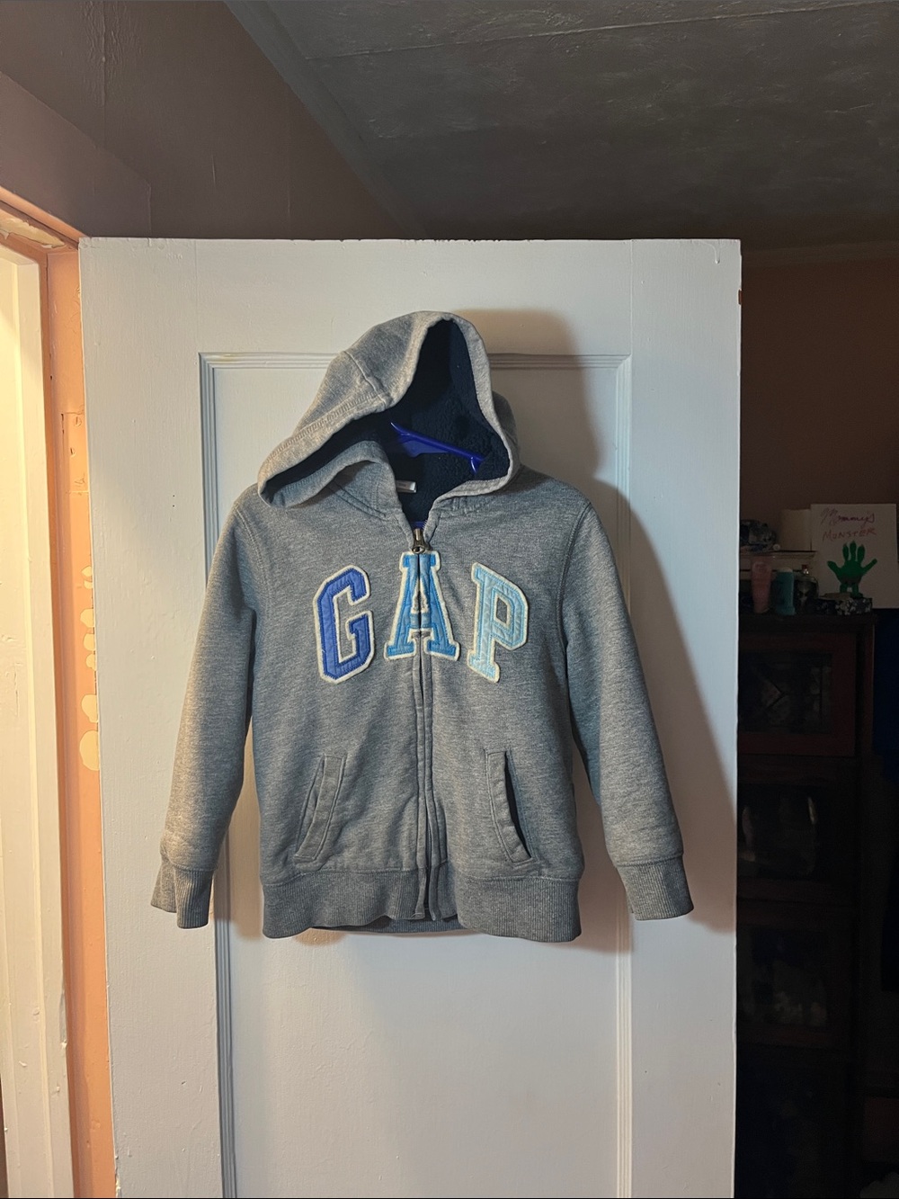 GAP Gray Kids Hooded Zip Sweatshirt with Blue Lettering